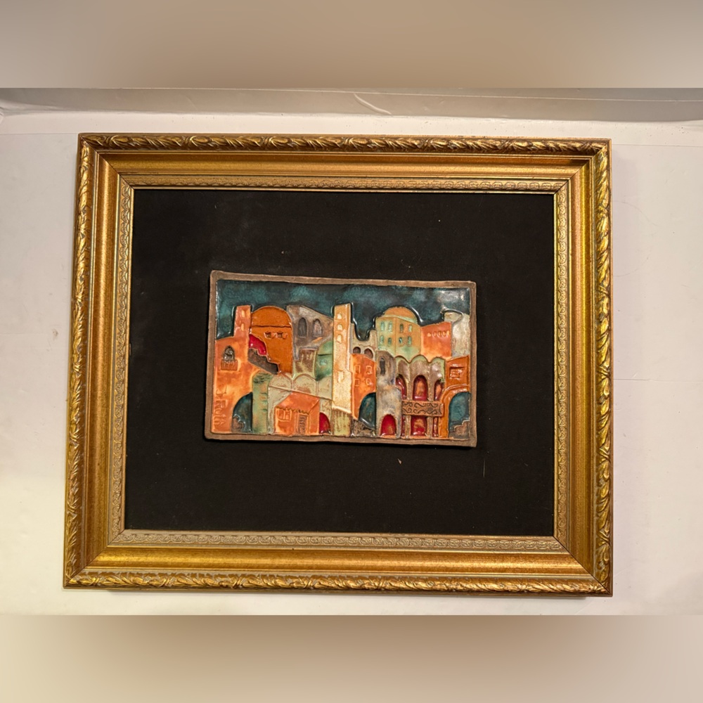 Handmade glazed ceramic
Jerusalem houses rectangular tile by
Ruth Faktor